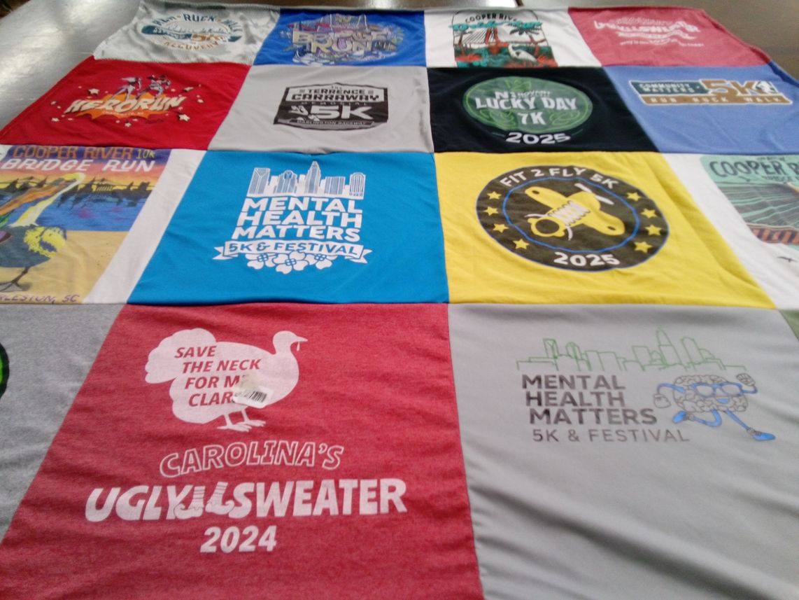 T-shirt quilt with running, mental health themes by Andrea from NC