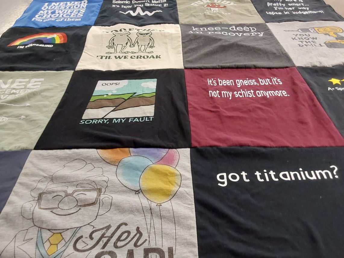 T-shirt quilt with geology, humor themes by Jayne from VA