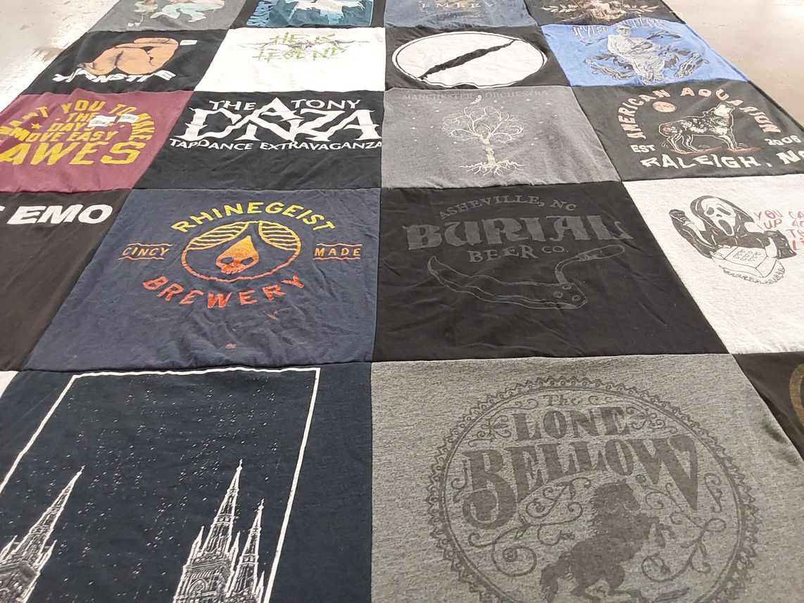 T-shirt quilt with music, craft beer themes by Erin from IN