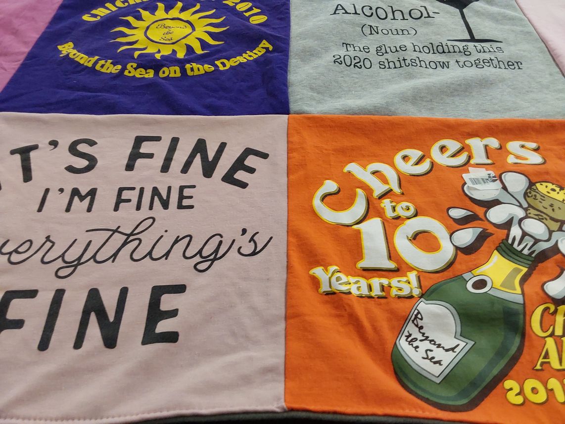 T-shirt quilt with celebration, humor themes by Laura from VA