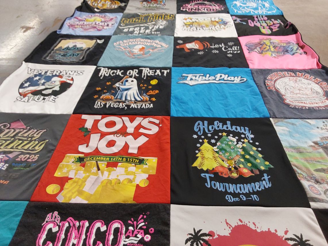 T-shirt quilt with softball, tournaments themes by Sam from AZ