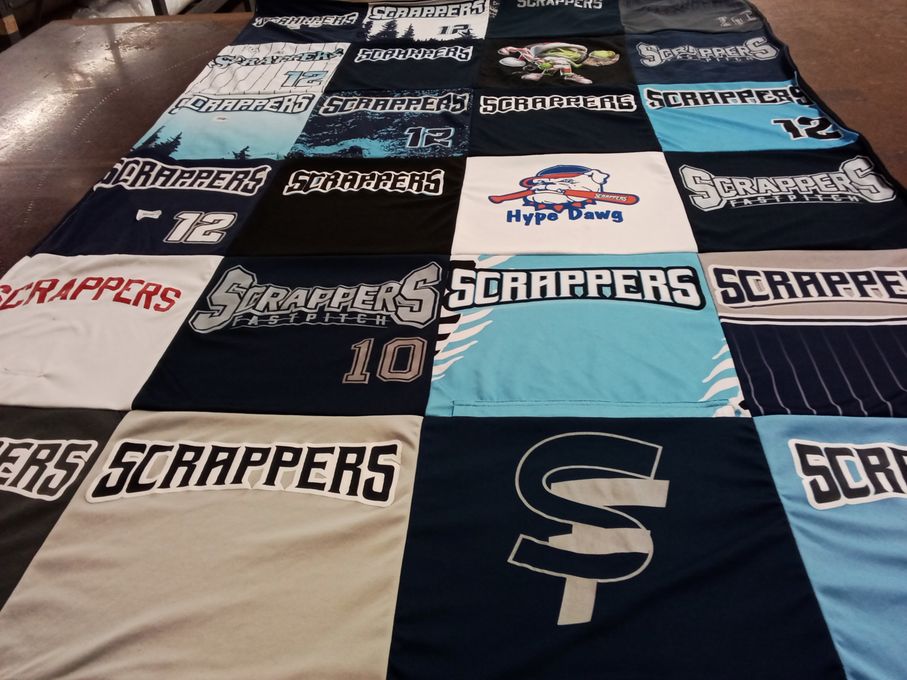 T-shirt quilt featuring scrappers fastpitch by Sam from AZ
