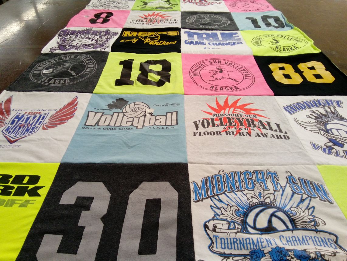 T-shirt quilt with volleyball, sports themes by Emma from AK