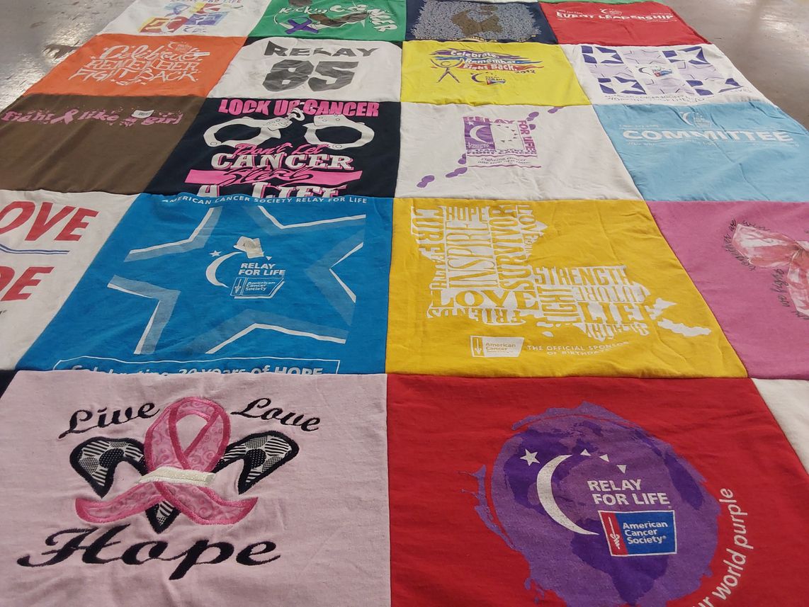 T-shirt quilt with cancer awareness, charity events themes by LaJuana from LA