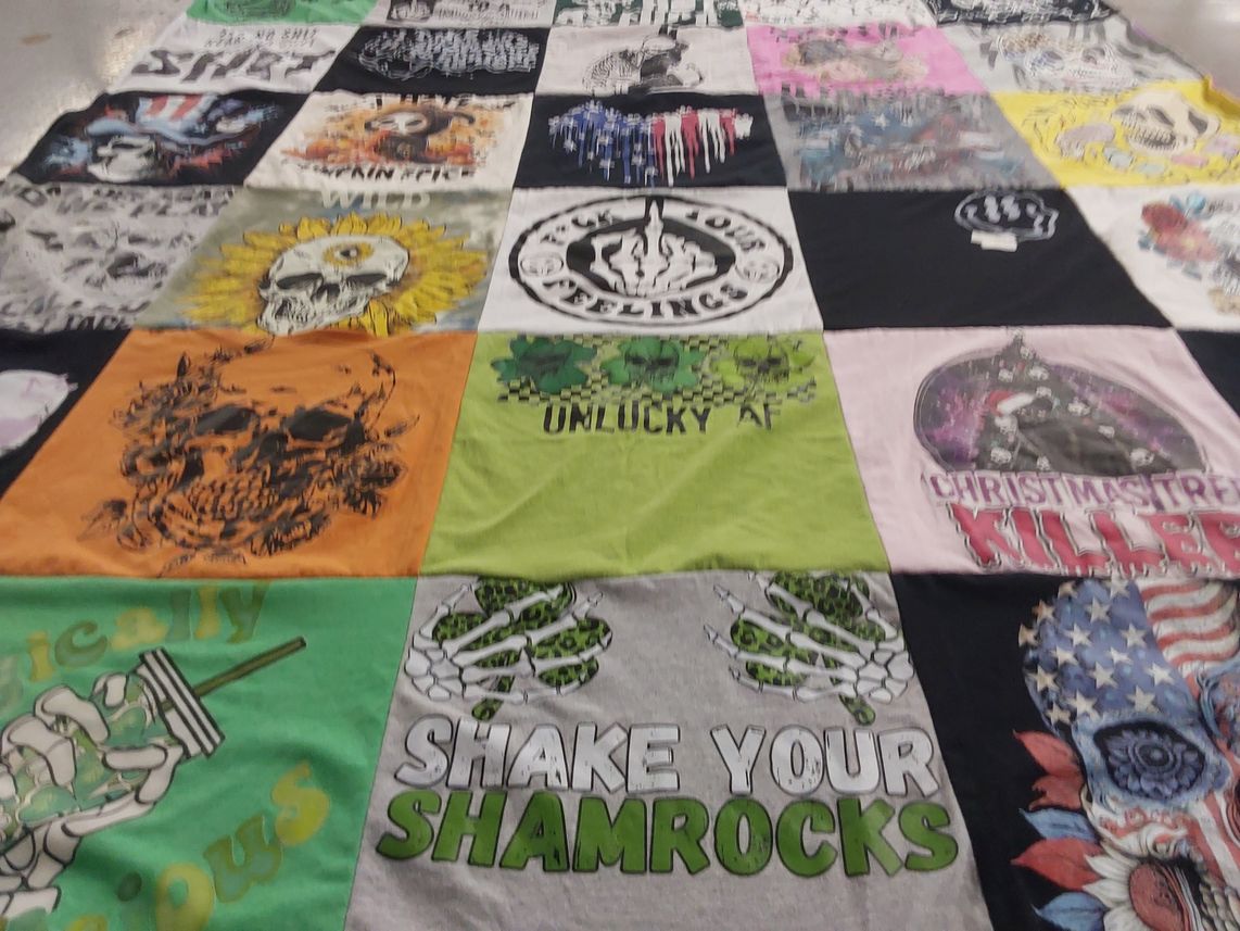 T-shirt quilt with halloween, skulls themes by Nancy Marie from NC