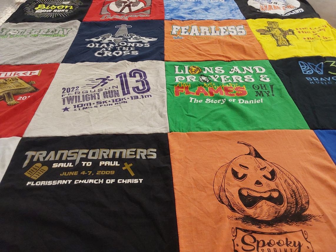 T-shirt quilt with running, youth ministry themes by Vicki from MO