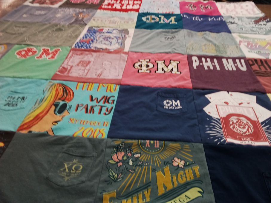 T-shirt quilt with sororities, fraternities themes by Helen Barbara from LA