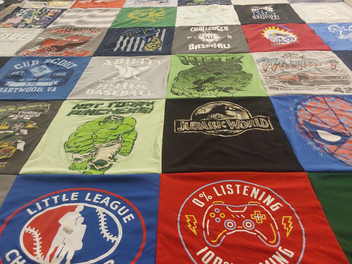 T-shirt quilt with baseball, gaming themes by Jamie from VA
