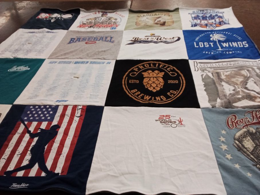 T-shirt quilt with baseball, brewing themes by Rebecca from AZ