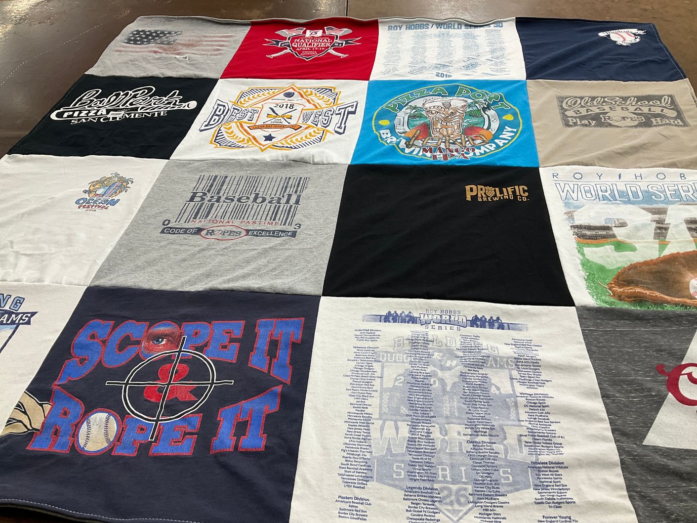 T-shirt quilt with baseball, brewing themes by Rebecca from AZ