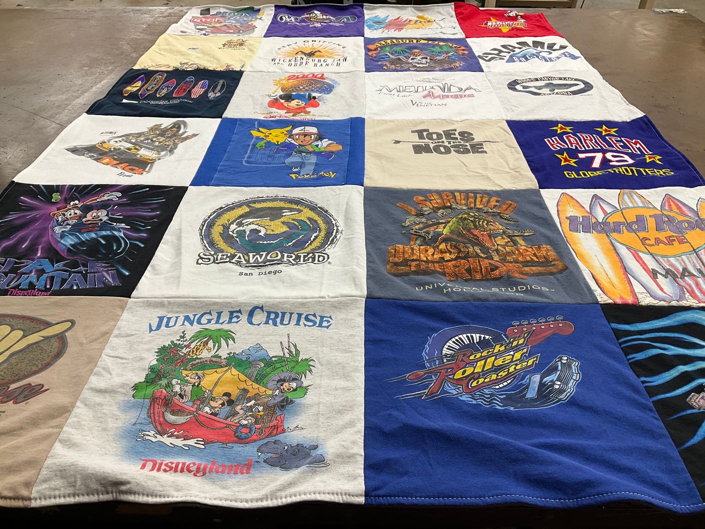T-shirt quilt with theme parks, amusement parks themes by Susan from AZ