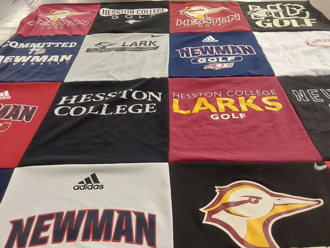 T-shirt quilt featuring hesston college larks, newman university jets by Laura from KS