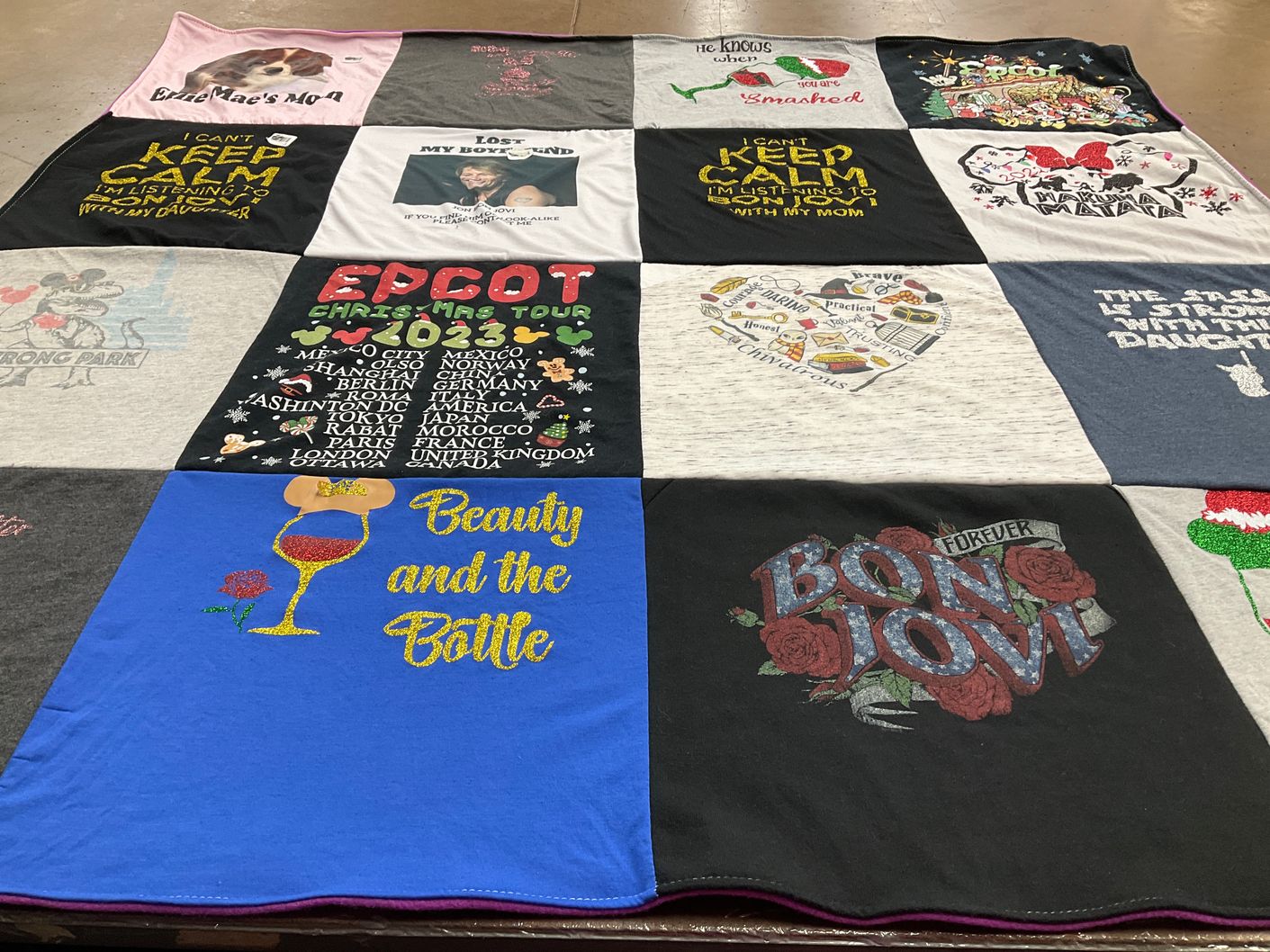 T-shirt quilt with travel, music themes by Doreen from NC