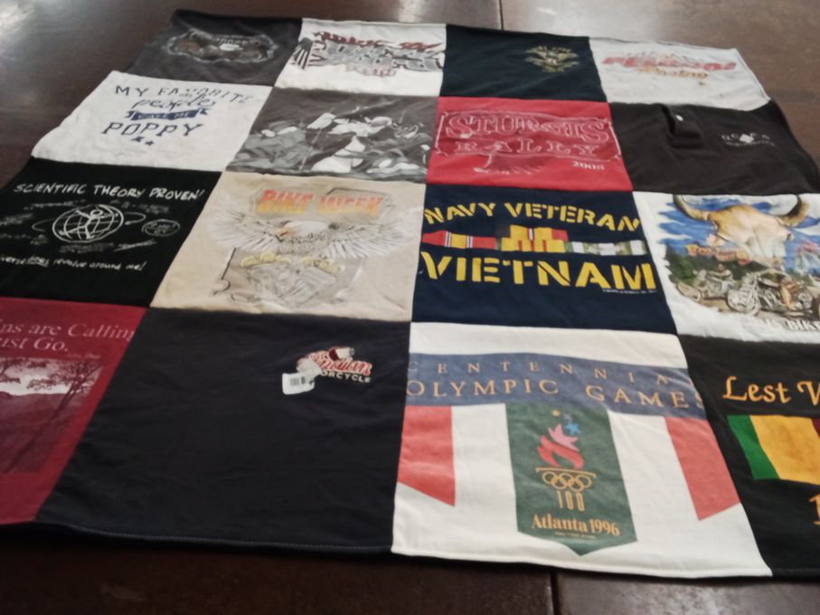 T-shirt quilt with motorcycles, history themes by Deborah from GA