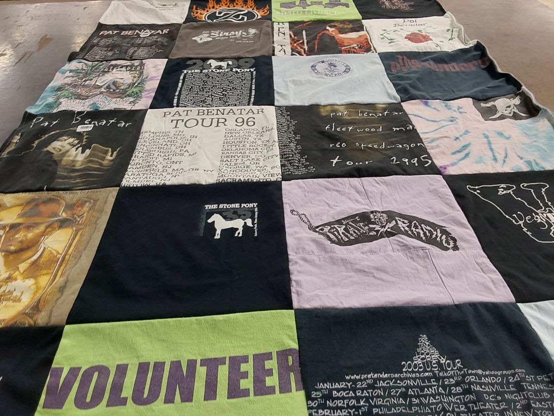 T-shirt quilt with music, concerts themes by Kacey from NY