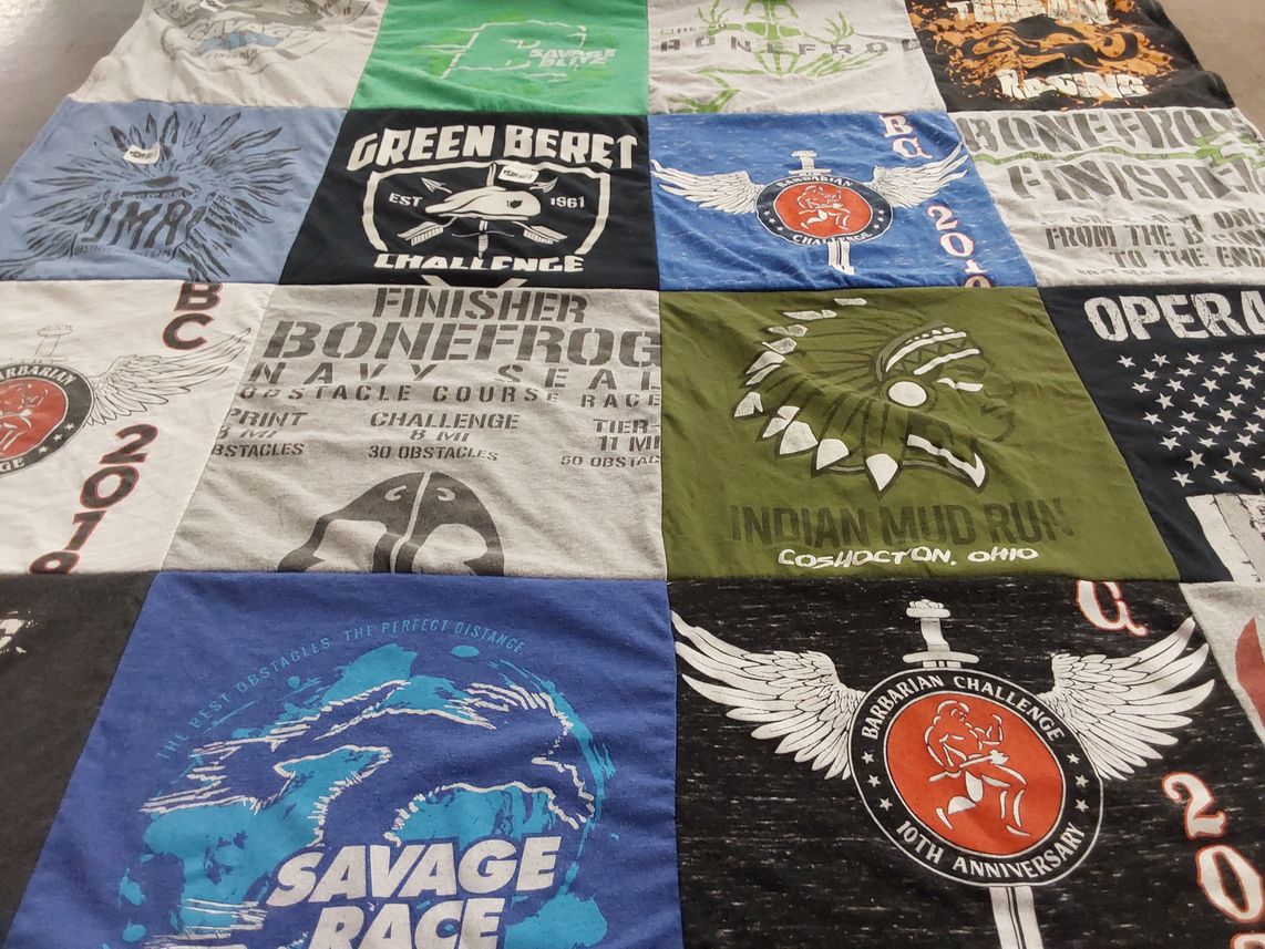 T-shirt quilt with obstacle racing, fitness themes by Eva from GA