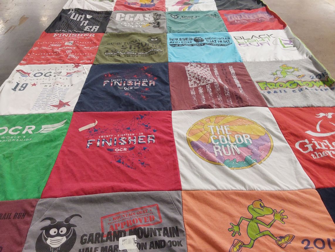 T-shirt quilt with obstacle course racing, running themes by Eva from GA