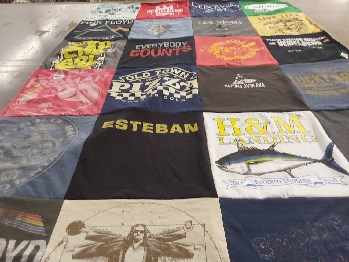 T-shirt quilt with music, surfing themes by Steve from CA