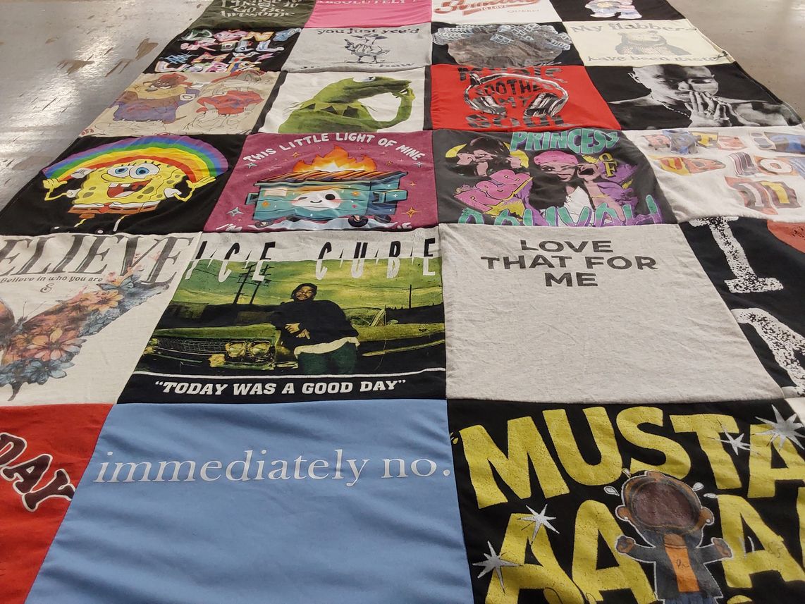 T-shirt quilt with music, pop culture themes by Katrina from AR