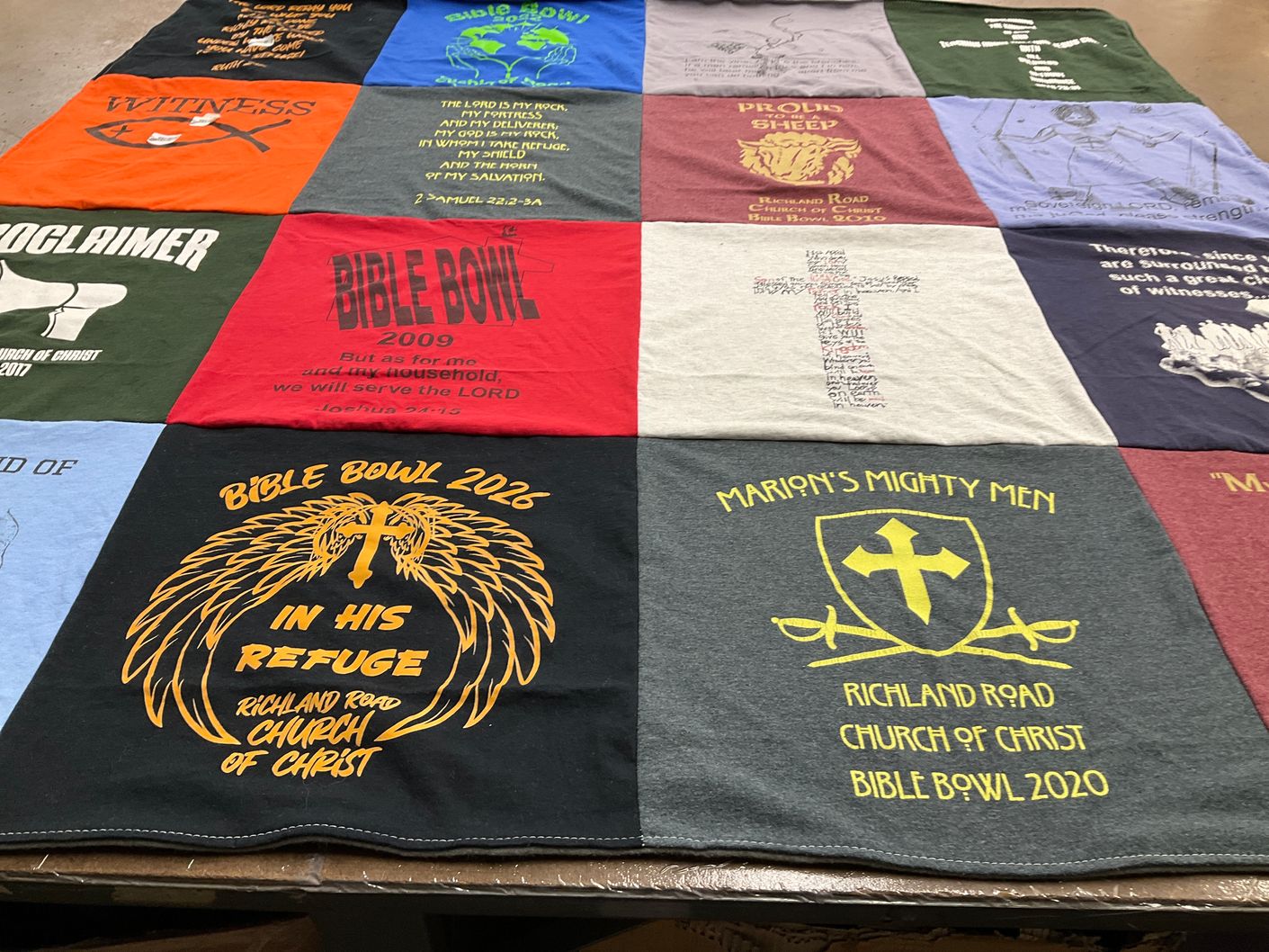 T-shirt quilt with bible study, community service themes by Carol from OH