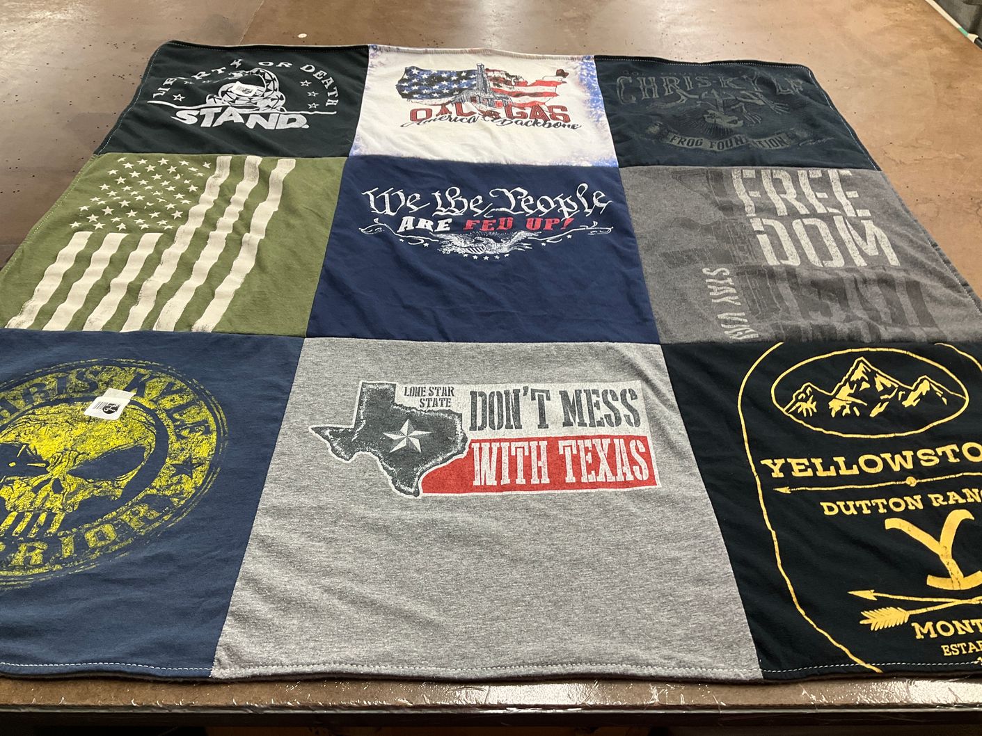 T-shirt quilt with patriotism, outdoor themes by Tonya from OK