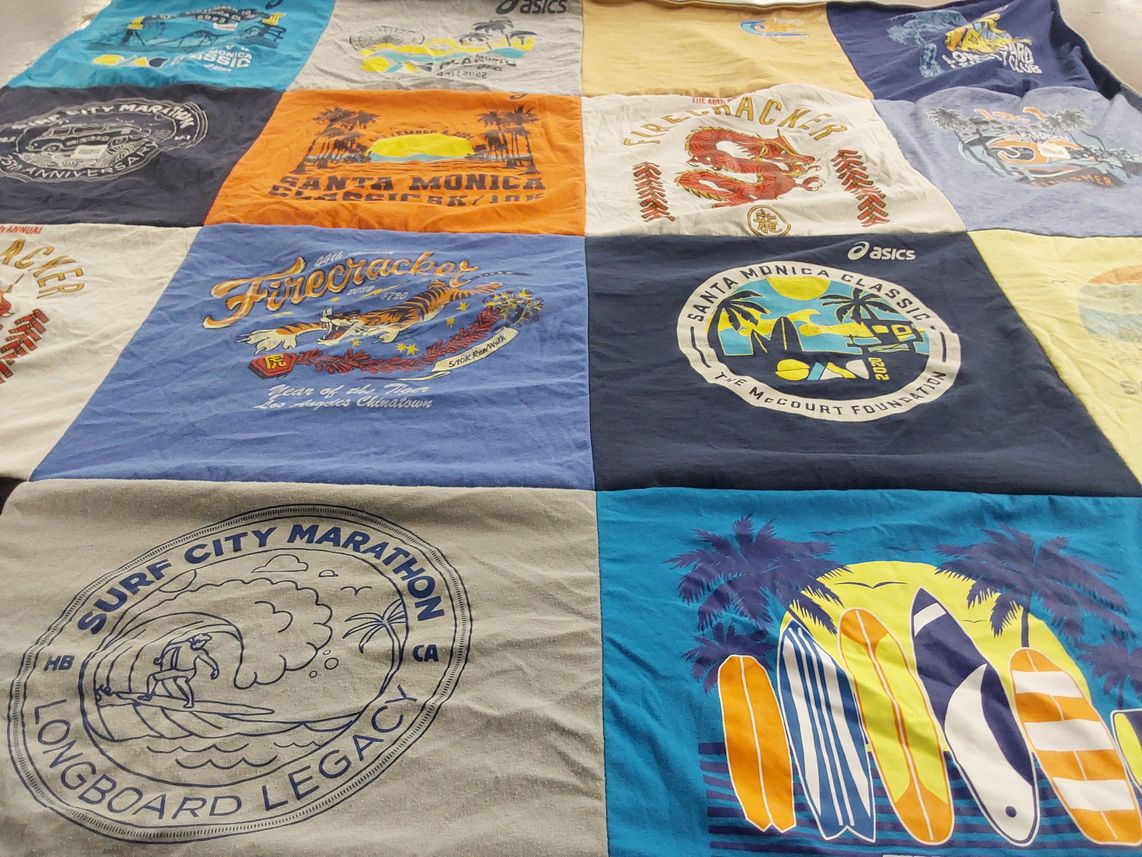 T-shirt quilt with surfing, marathons themes by Timothy from CA