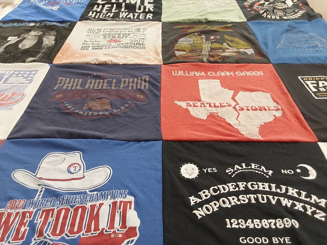 T-shirt quilt with music, sports themes by Tonya from OK