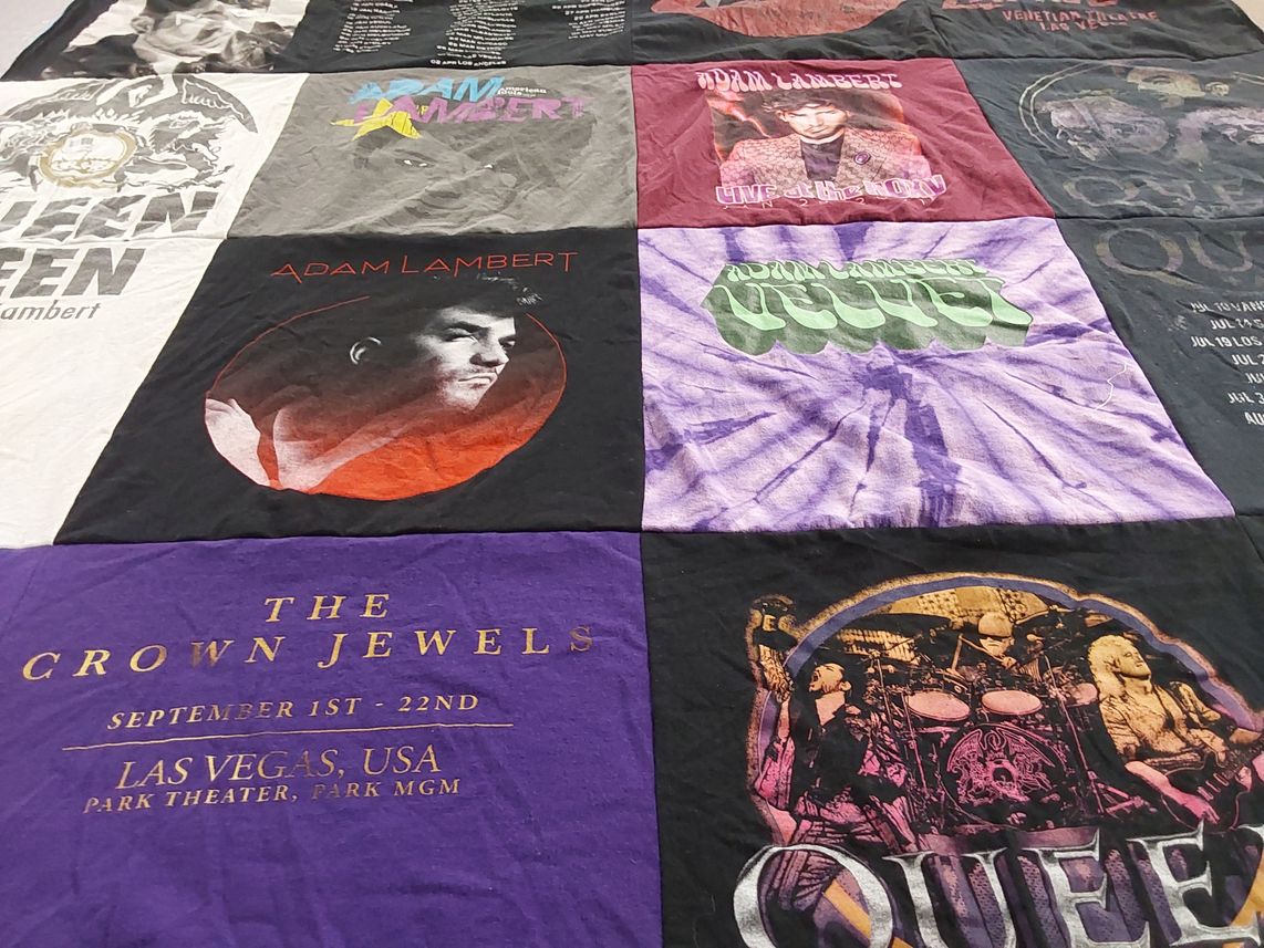 T-shirt quilt with music, concerts themes by Emily from MI
