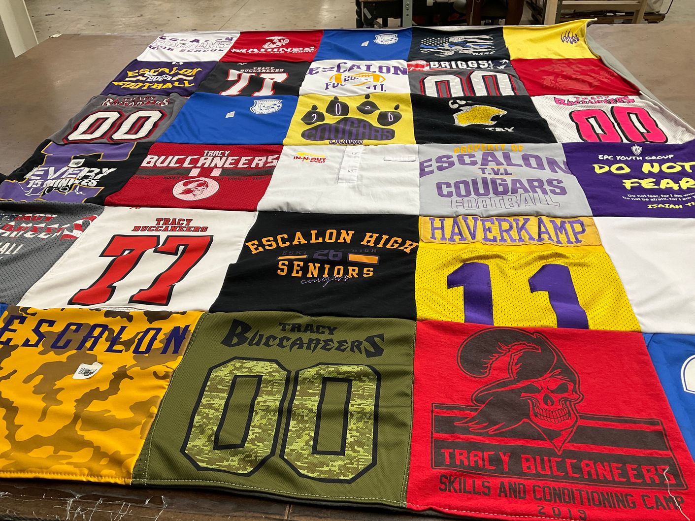 T-shirt quilt featuring tracy buccaneers, escalon cougars by Janell from CA