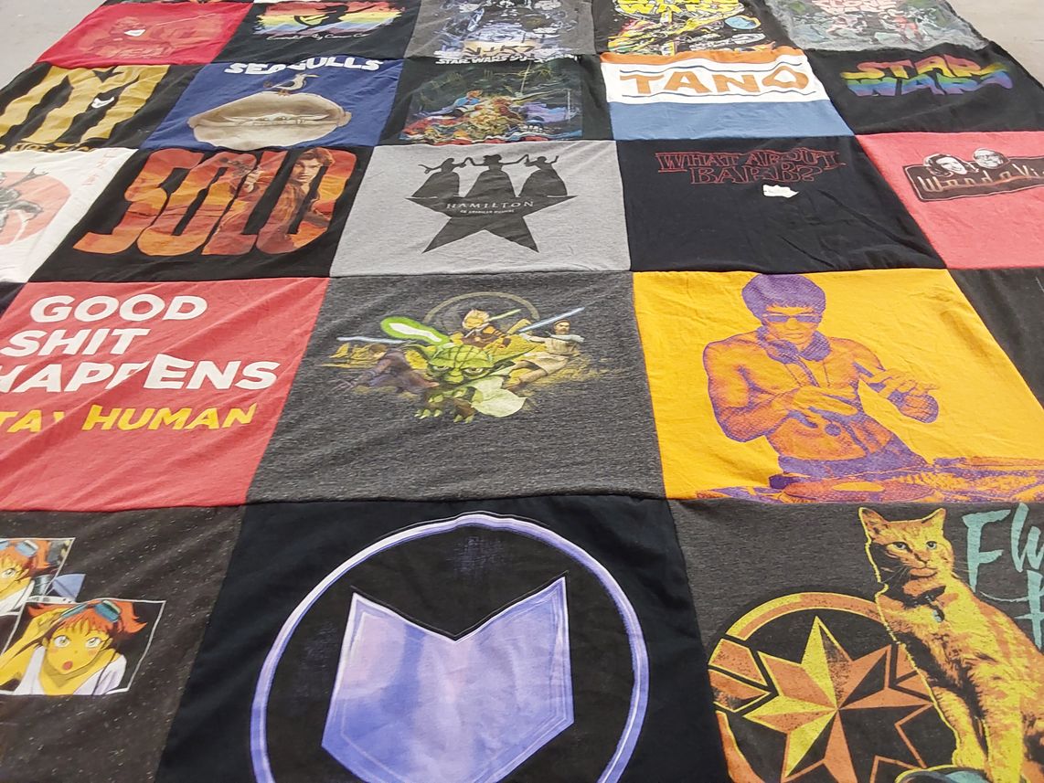 T-shirt quilt with star wars, music themes by Seth from WA