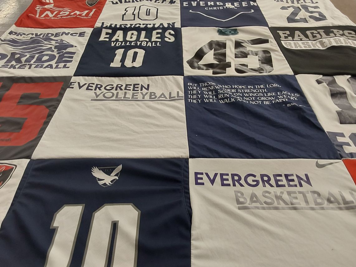 T-shirt quilt featuring evergreen eagles basketball, evergreen eagles volleyball by Kelly from VA
