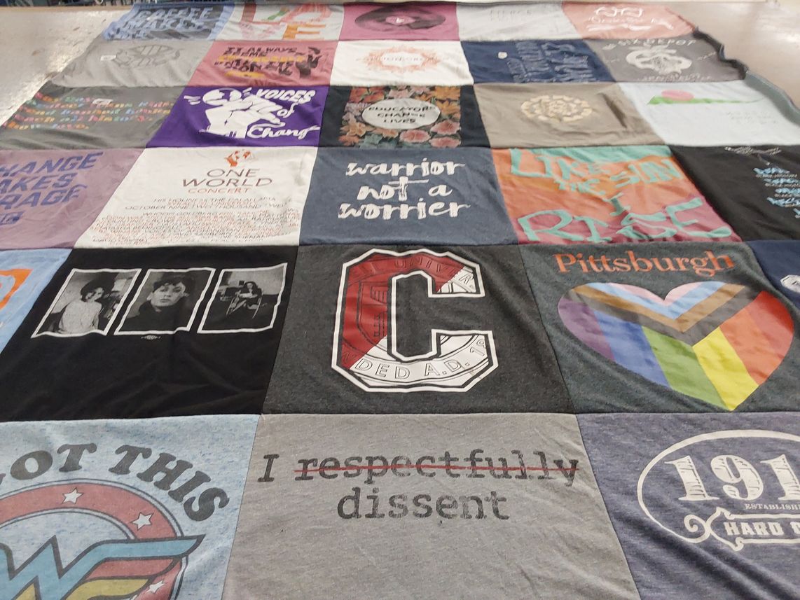 T-shirt quilt with social justice, activism themes by Gretchen from NY