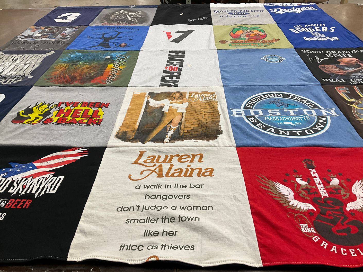 T-shirt quilt with music, beer themes by Debbie from AZ