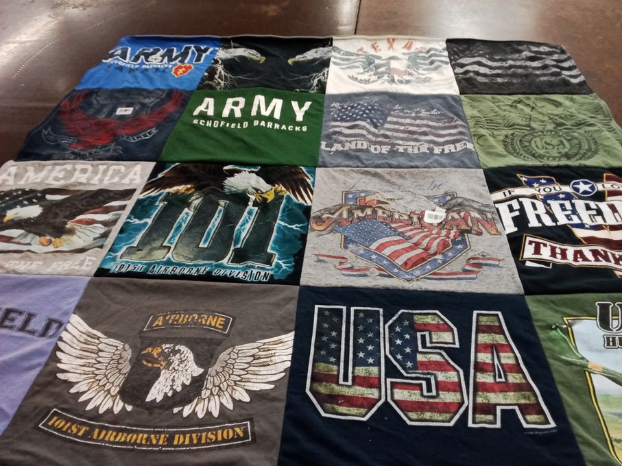 T-shirt quilt with military, patriotism themes by James from TX