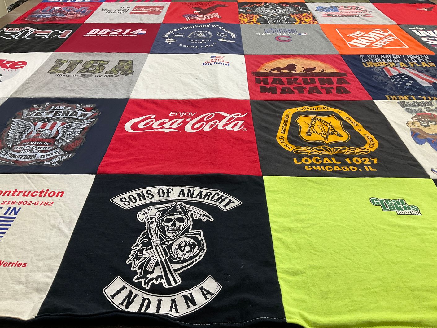 T-shirt quilt with veterans, patriotism themes by Debbie from IN