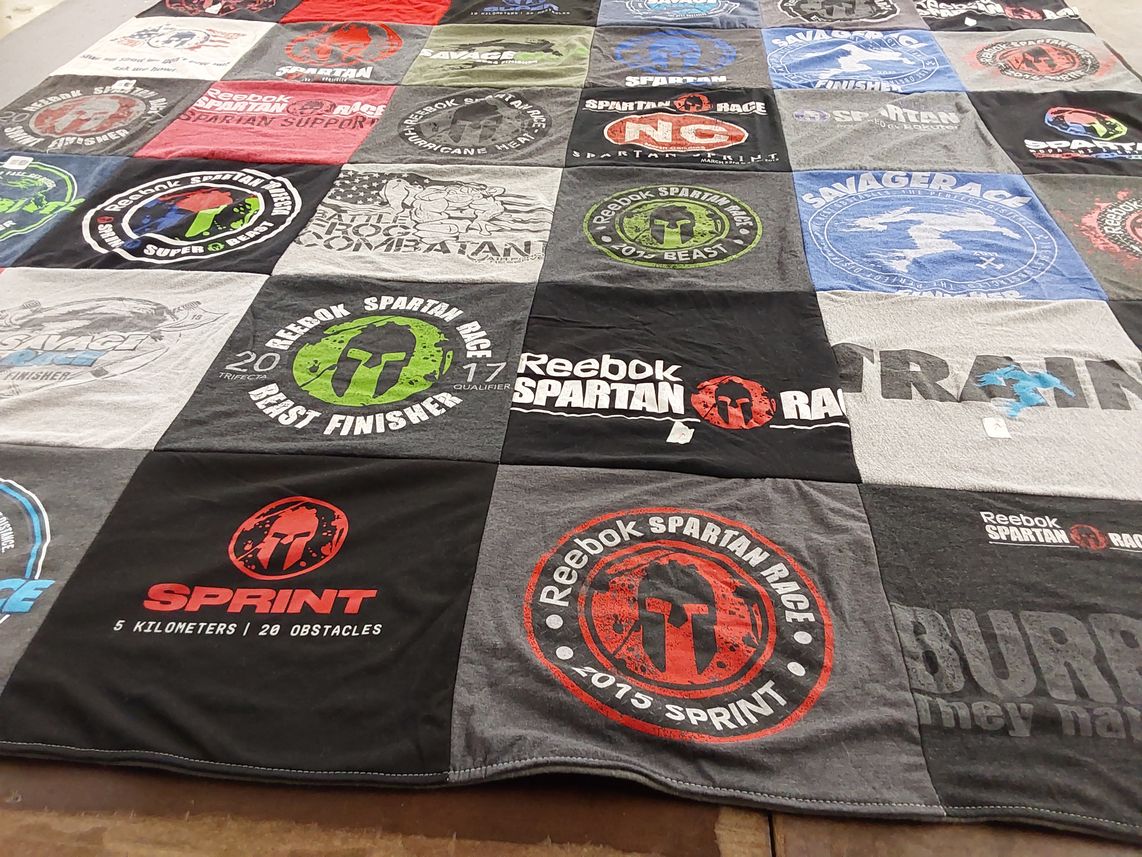 T-shirt quilt with obstacle course racing, fitness themes by Shayleen from NC