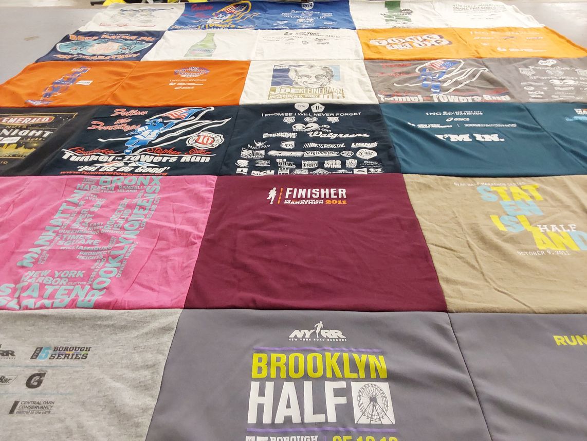 T-shirt quilt with running, marathons themes by Larissa from NY