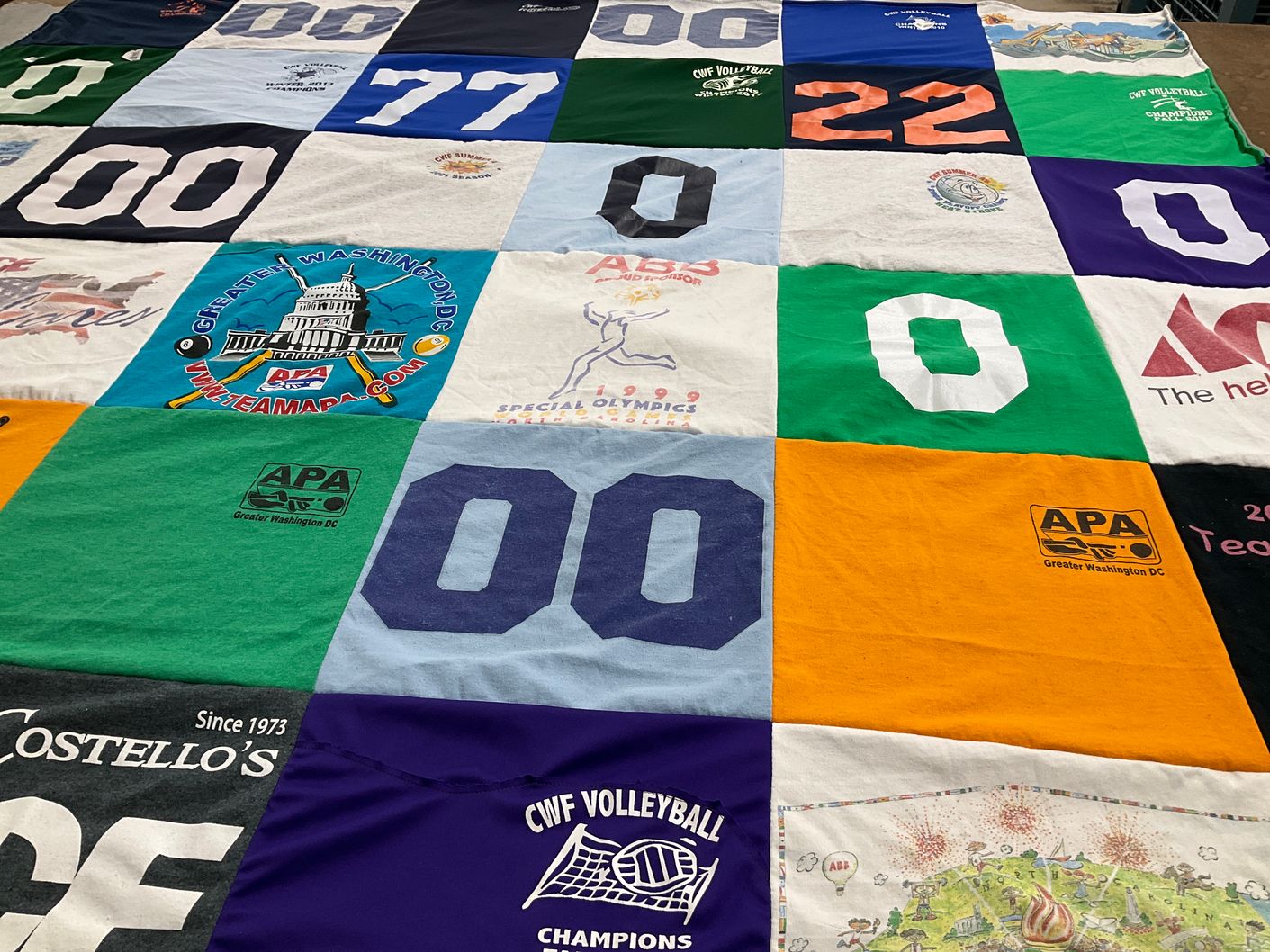 T-shirt quilt with sports, volleyball themes by Tina from NC