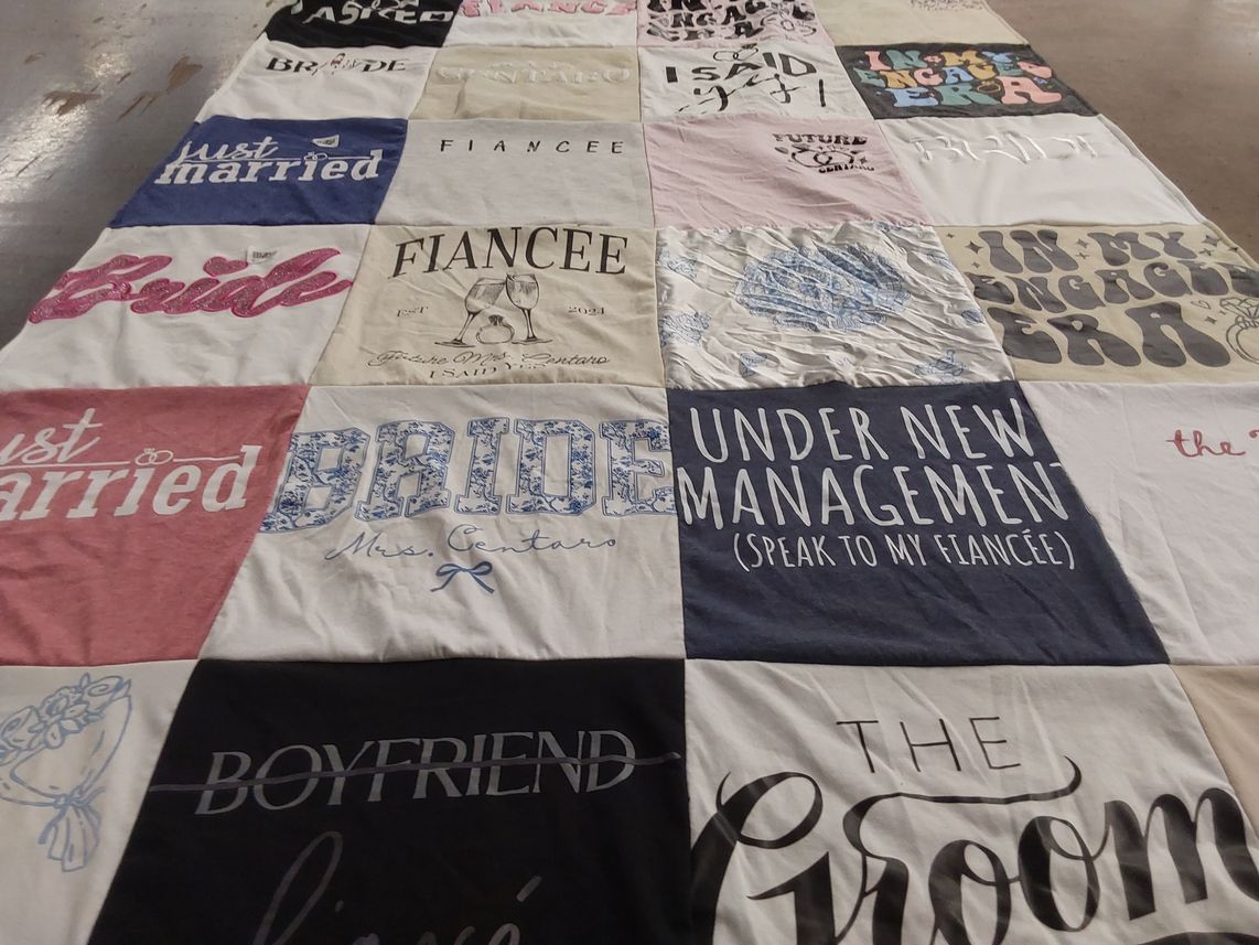 T-shirt quilt with wedding, relationships themes by Andrea from NJ