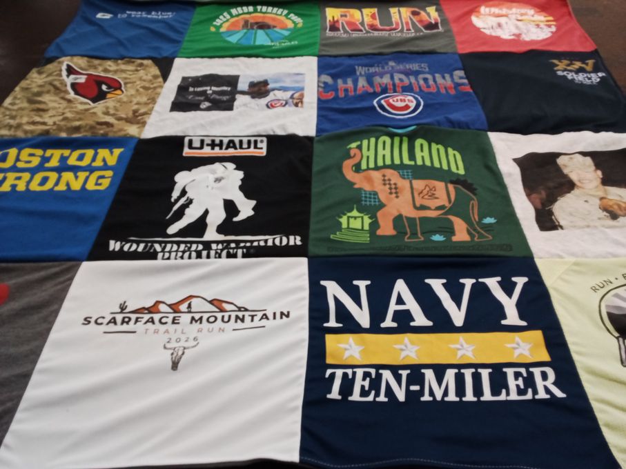 T-shirt quilt with running, military themes by Beverly from AZ