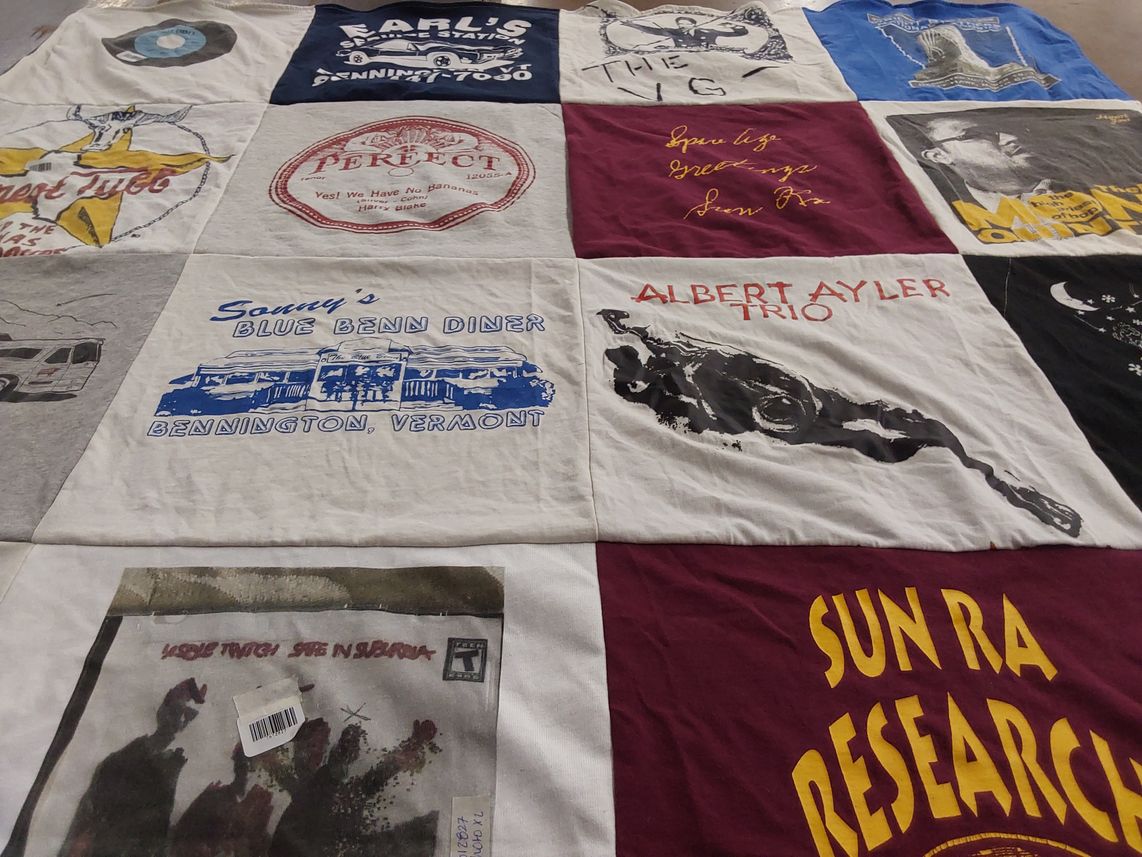 T-shirt quilt with music, dining themes by Lisa from VT