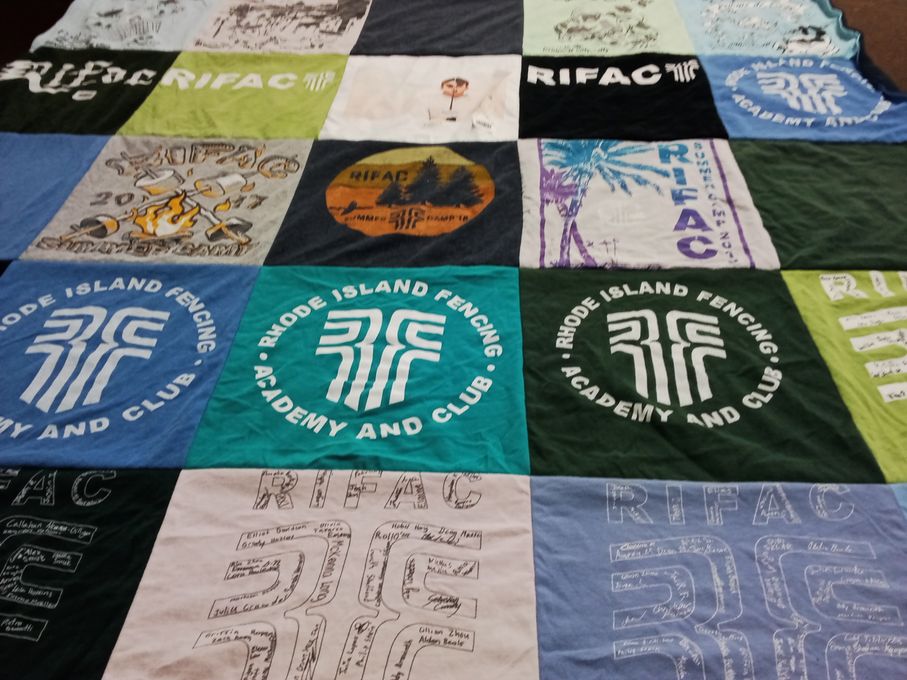 T-shirt quilt with fencing, sports themes by Morgan from RI