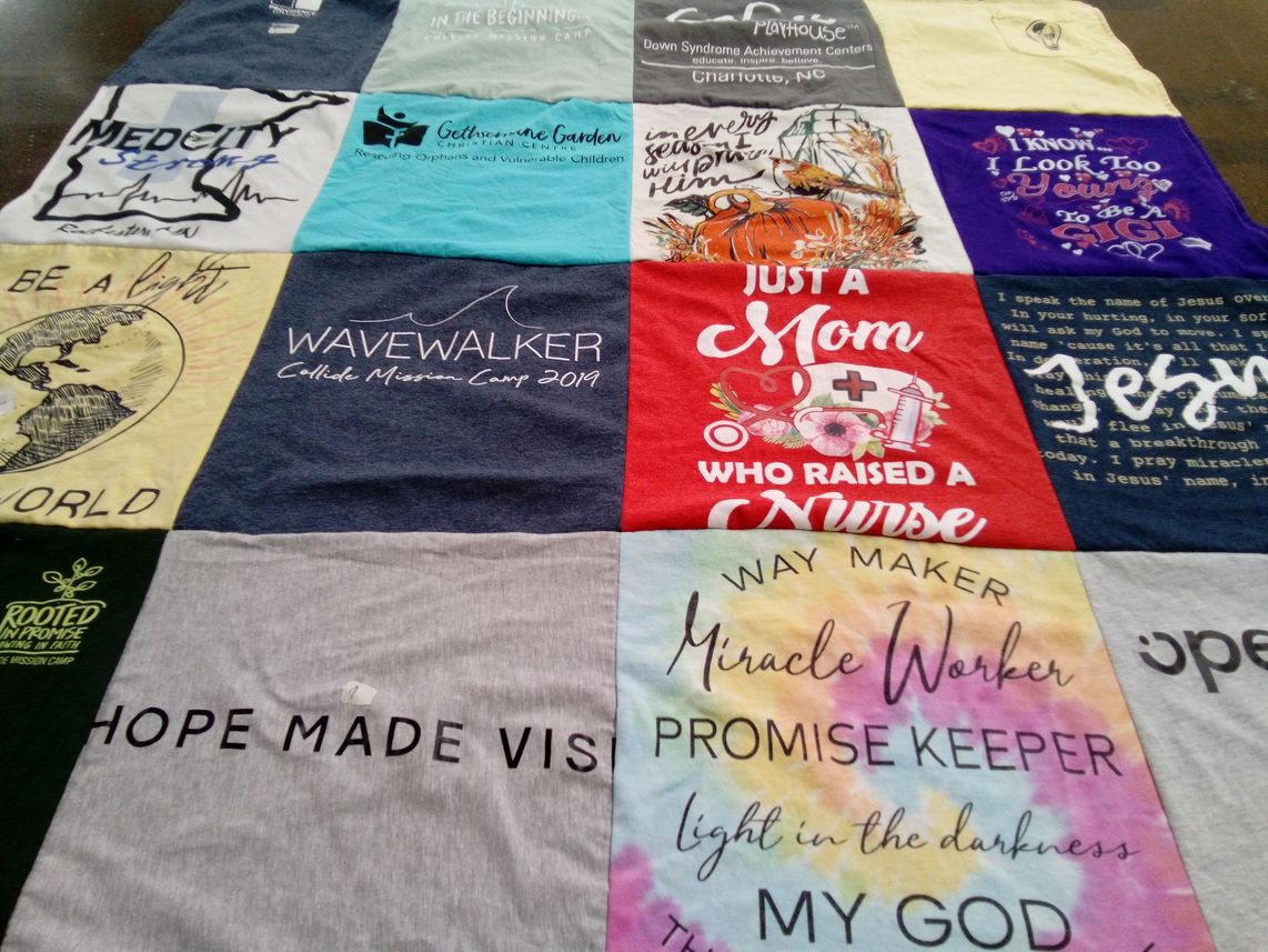 T-shirt quilt with christianity, missions themes by Kathryn from NC