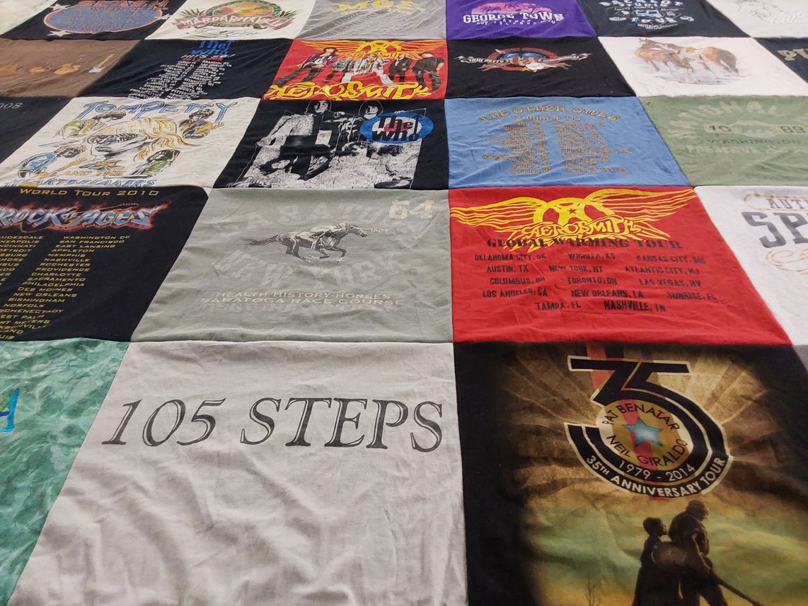 T-shirt quilt with music, concerts themes by Julie from OH