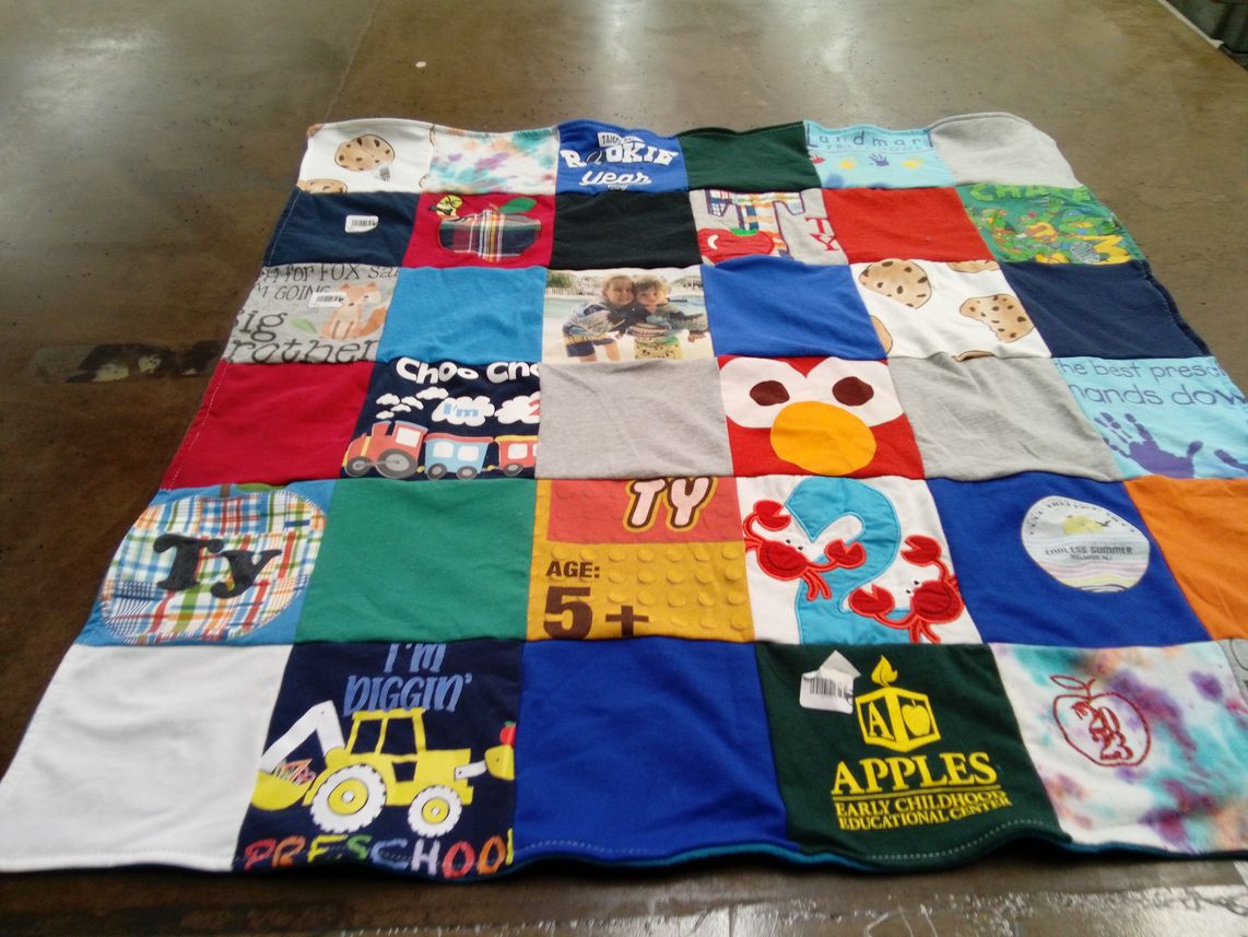 T-shirt quilt with children, education themes by Talia from CT
