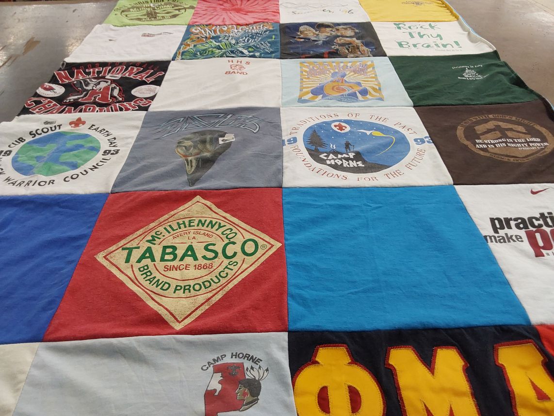 T-shirt quilt with camping, scouting themes by Martha P from GA