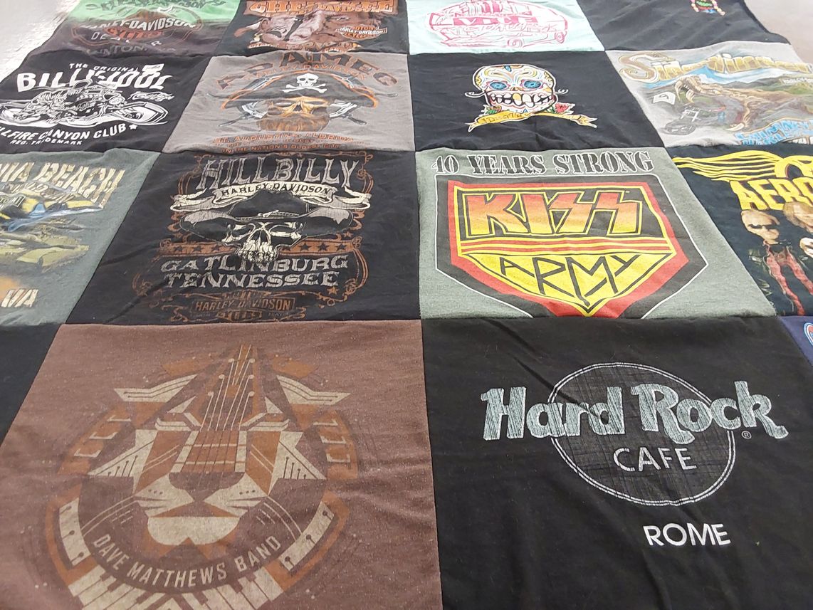 T-shirt quilt with motorcycles, music themes by Lara from VA