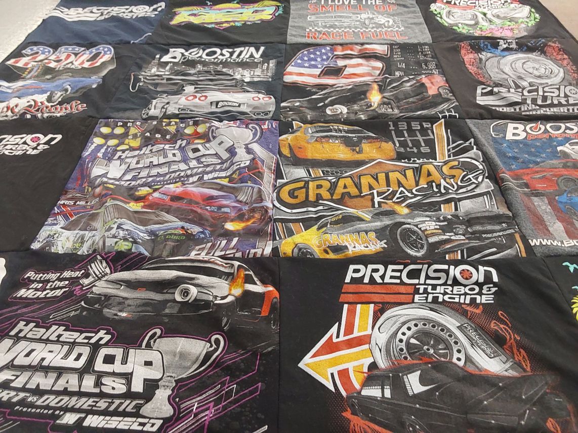 T-shirt quilt with car racing, automotive themes by Jennifer from SC
