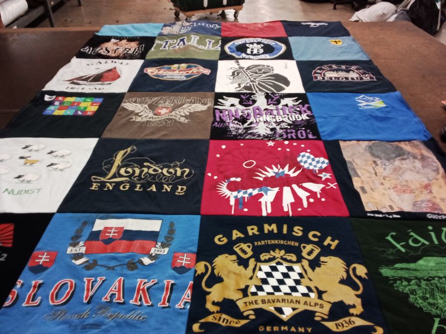 T-shirt quilt with travel, geography themes by Joan from TX