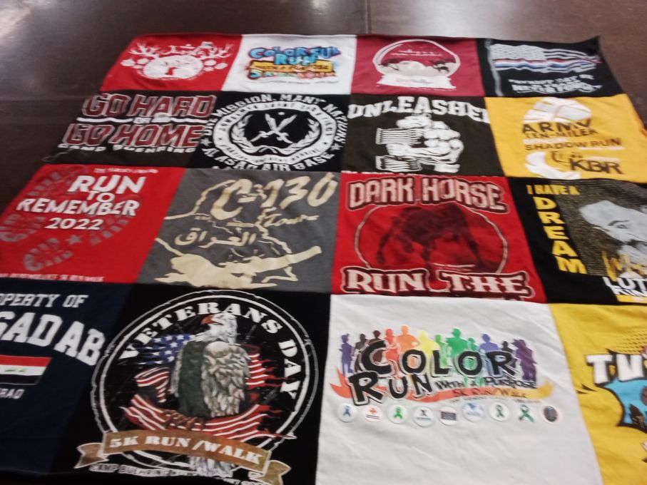 T-shirt quilt with running, veterans themes by KATRIEN from KS